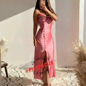 Zara pink satin midi dress with button detailing